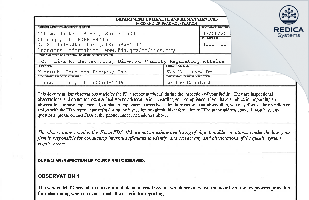 FDA 483 - Midmark Corp dba Progeny Inc [Lincolnshire / United States of America] - Download PDF - Redica Systems