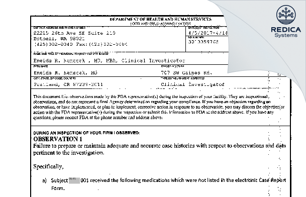 FDA 483 - Eneida R. Nemecek, MD [Portland / United States of America] - Download PDF - Redica Systems