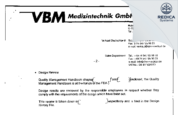 FDA 483 Response - VBM Medizintechnik GmbH [Sulz Am Neckar / Germany] - Download PDF - Redica Systems