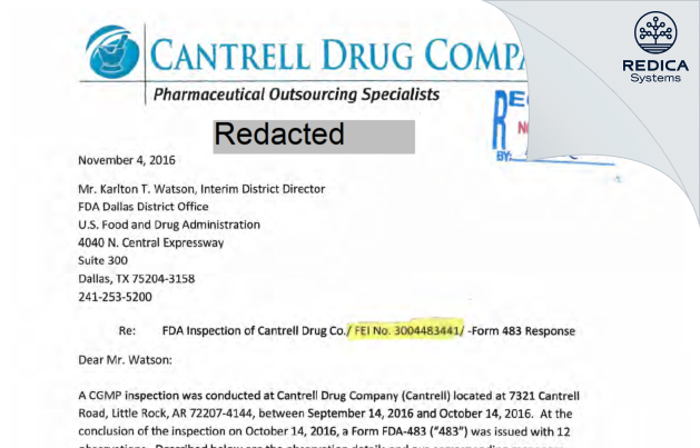 FDA 483 Response - Cantrell Drug Company [Little Rock / United States of America] - Download PDF - Redica Systems