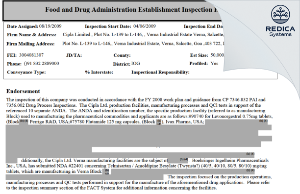 EIR - CIPLA LIMITED [India / India] - Download PDF - Redica Systems