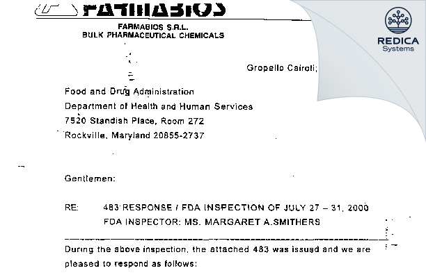 FDA 483 Response - Farmabios S.p.A. [Italy / Italy] - Download PDF - Redica Systems