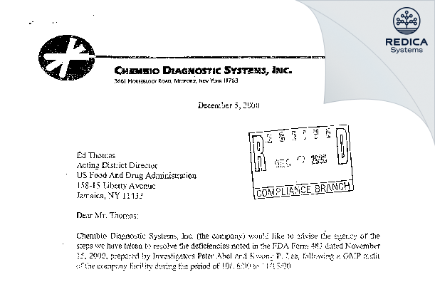 FDA 483 Response - Chembio Diagnostic Systems, Inc [Medford / United States of America] - Download PDF - Redica Systems