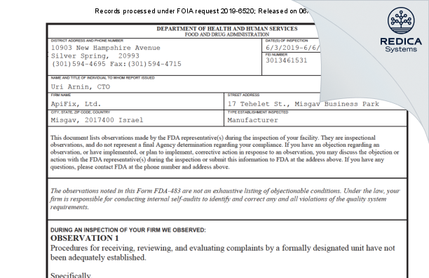 FDA 483 - ApiFix, Ltd. [Misgav / Israel] - Download PDF - Redica Systems