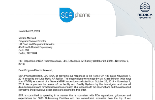 FDA 483 Response - SCA Pharmaceuticals, Inc. [Little Rock / United States of America] - Download PDF - Redica Systems