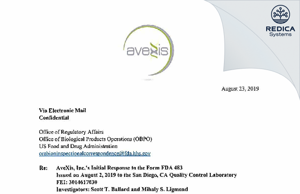 FDA 483 Response - Novartis Gene Therapies, Inc. [San Diego / United States of America] - Download PDF - Redica Systems