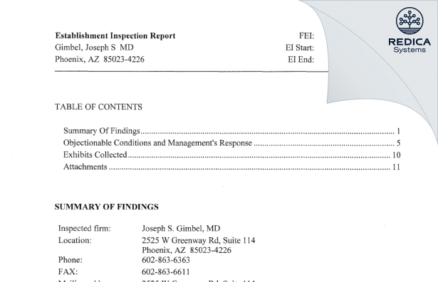 EIR - Joseph S. Gimbel, MD [Phoenix / United States of America] - Download PDF - Redica Systems