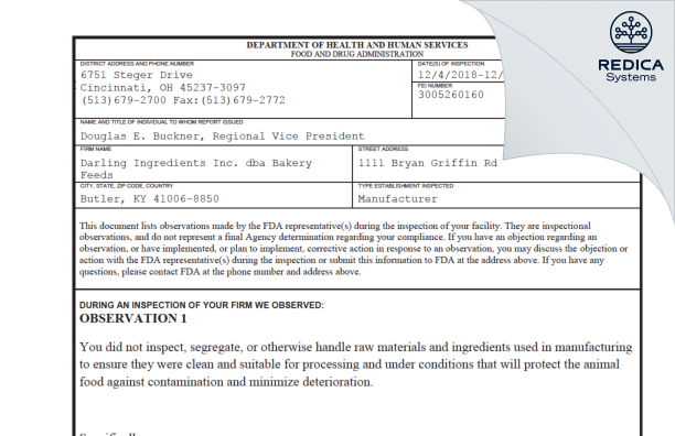 FDA 483 - Darling Ingredients Inc. dba Bakery Feeds [Butler / United States of America] - Download PDF - Redica Systems