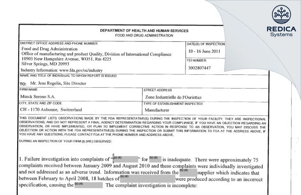 FDA 483 - MERCK SERONO SA [Aubonne / Switzerland] - Download PDF - Redica Systems