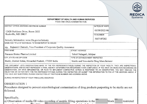 FDA 483 - PANACEA BIOTEC PHARMA LIMITED [India / India] - Download PDF - Redica Systems