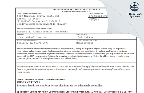 FDA 483 - Stand Aid Of Iowa Inc [Sheldon / United States of America] - Download PDF - Redica Systems