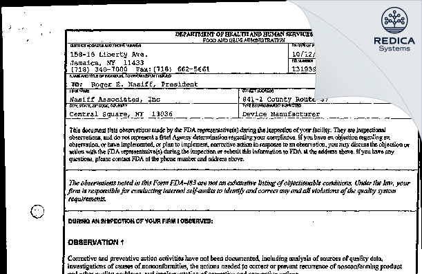 FDA 483 - Nasiff Associates, Inc [Square / United States of America] - Download PDF - Redica Systems