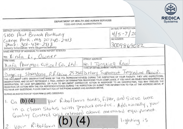 FDA 483 - Xinfa Pharmaceutical Co., Ltd [Tongxingcun / China] - Download PDF - Redica Systems