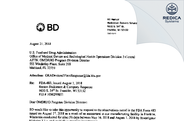 FDA 483 Response - Becton Dickinson Medical Systems [Franklin / United States of America] - Download PDF - Redica Systems