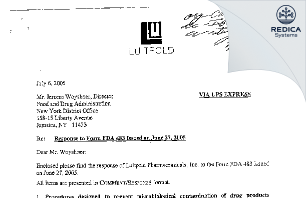 FDA 483 Response - American Regent, Inc. [New York / United States of America] - Download PDF - Redica Systems
