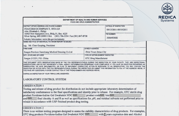 FDA 483 - Jianerkang Medical Co., Ltd [China / China] - Download PDF - Redica Systems
