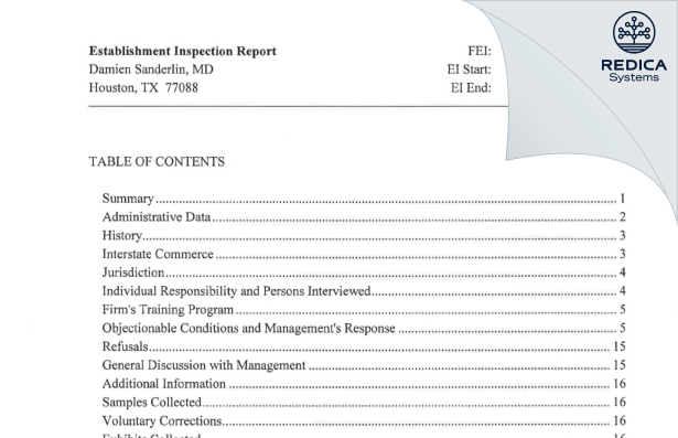 EIR - Damien Sanderlin, MD [Houston / United States of America] - Download PDF - Redica Systems