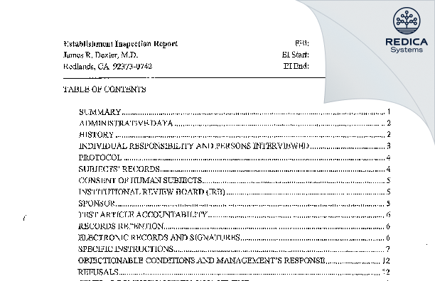EIR - James R. Dexter, M.D. [Redlands / United States of America] - Download PDF - Redica Systems