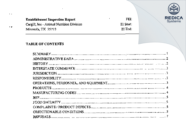 EIR - Cargill, Inc - Animal Nutrition Division [Mineola / United States of America] - Download PDF - Redica Systems