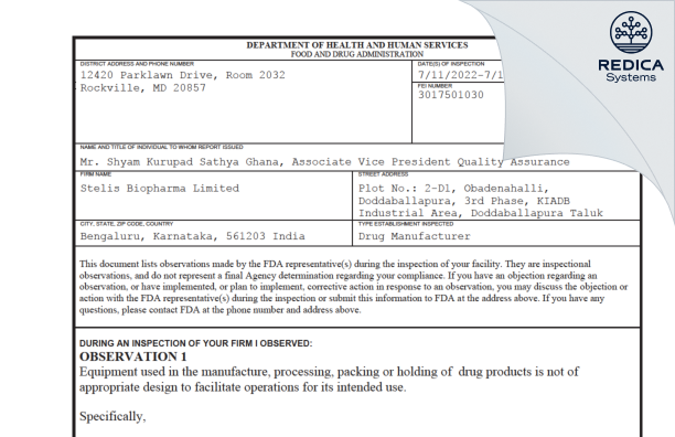 FDA 483 - STELIS BIOPHARMA LIMITED [India / India] - Download PDF - Redica Systems