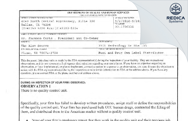 FDA 483 - Aloe Partners Inc dba The Aloe Source [Dallas / United States of America] - Download PDF - Redica Systems