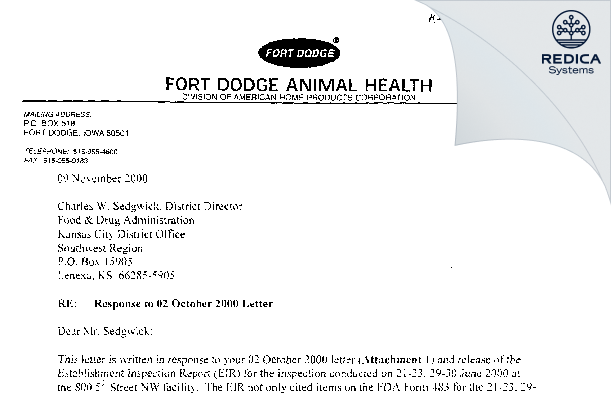 FDA 483 Response - Boehringer Ingelheim Vetmedica Inc. [Fort Dodge / United States of America] - Download PDF - Redica Systems