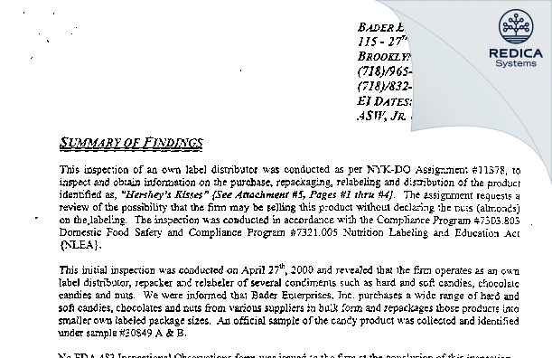 EIR - Bader Enterprises, Inc. [Brooklyn / United States of America] - Download PDF - Redica Systems