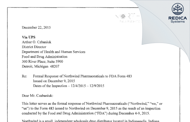 FDA 483 Response - Northwind Pharmaceuticals, LLC [Indianapolis / United States of America] - Download PDF - Redica Systems