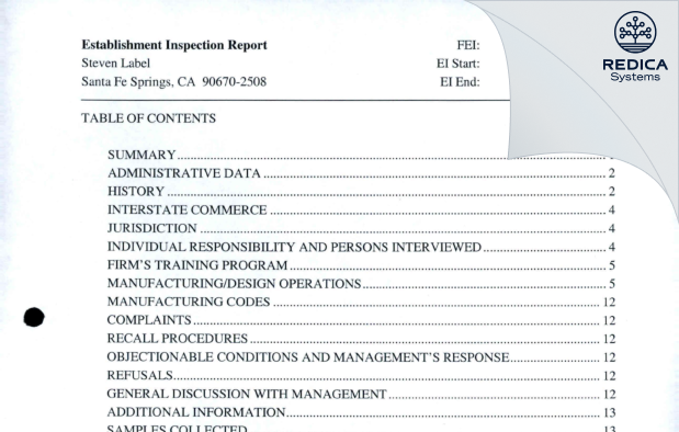 EIR - Steven Label Corporation [Santa Fe Springs / United States of America] - Download PDF - Redica Systems