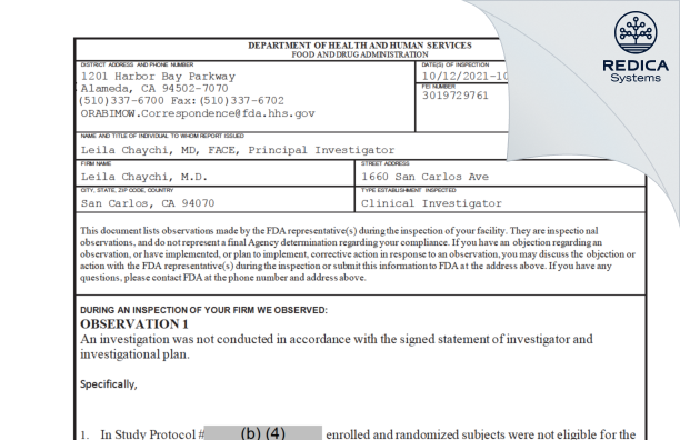 FDA 483 - Leila Chaychi, M.D. [San Carlos / United States of America] - Download PDF - Redica Systems