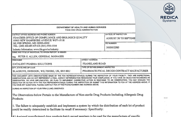 FDA 483 - Catalent Pharma Solutions Limited [Swindon / United Kingdom of Great Britain and Northern Ireland] - Download PDF - Redica Systems