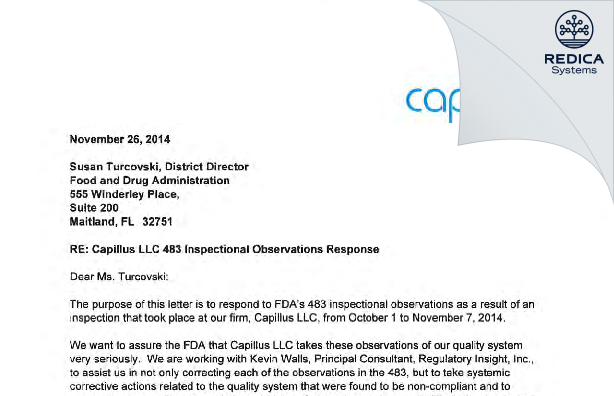 FDA 483 Response - Capillus LLC [Doral / United States of America] - Download PDF - Redica Systems