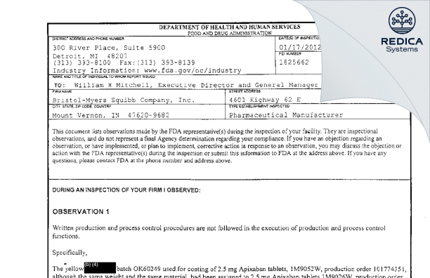 FDA 483 - AstraZeneca Pharmaceuticals LP [Mount Vernon / United States of America] - Download PDF - Redica Systems