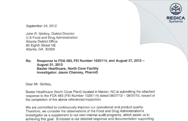 FDA 483 Response - Baxter Healthcare Corporation [Marion / United States of America] - Download PDF - Redica Systems