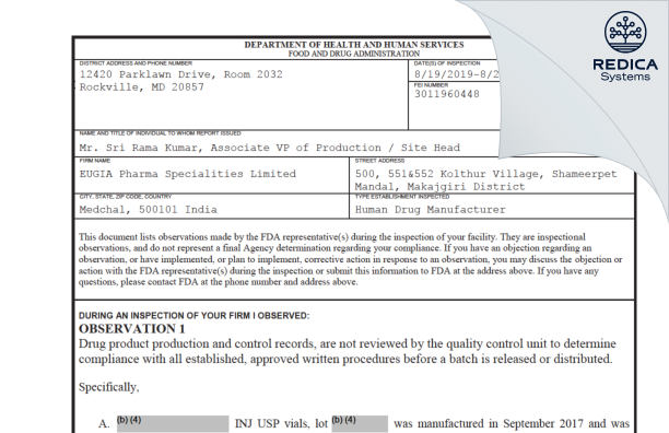 FDA 483 - EUGIA Pharma Specialities Limited [India / India] - Download PDF - Redica Systems