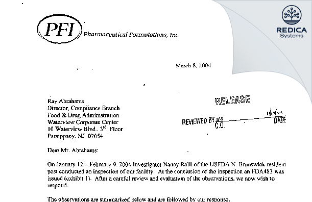 FDA 483 Response - Pharmaceutical Formulations Inc. [Edison / United States of America] - Download PDF - Redica Systems