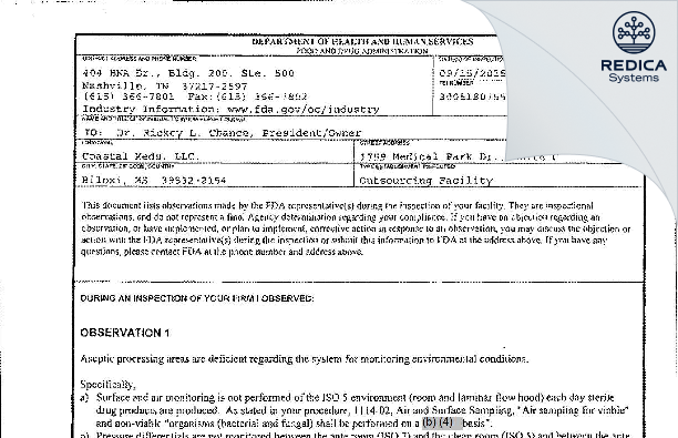 FDA 483 - Coastal Meds, LLC. [Biloxi / United States of America] - Download PDF - Redica Systems