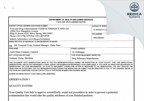 FDA 483 - AGC Inc. [Chiba / Japan] - Download PDF - Redica Systems