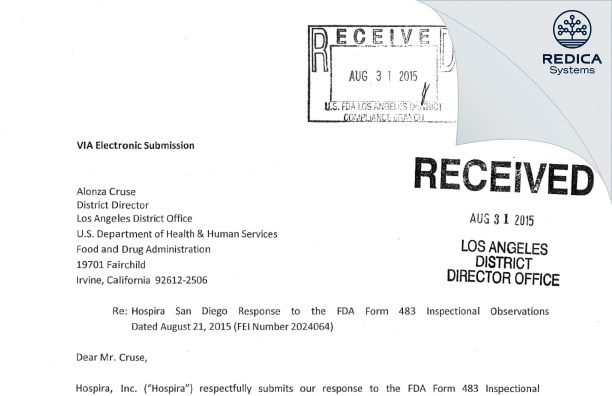 FDA 483 Response - ICU Medical Inc [San Diego / United States of America] - Download PDF - Redica Systems