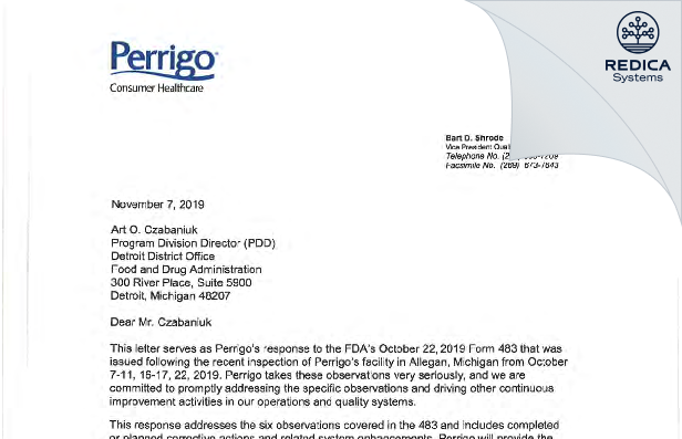 FDA 483 Response - L. Perrigo Company [Holland / United States of America] - Download PDF - Redica Systems