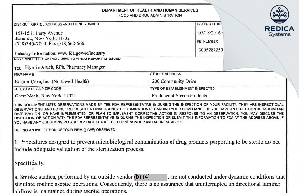 FDA 483 - Region Care, Inc. [Great Neck / United States of America] - Download PDF - Redica Systems