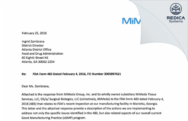 FDA 483 Response - MiMedx Group, Inc. [Marietta / United States of America] - Download PDF - Redica Systems