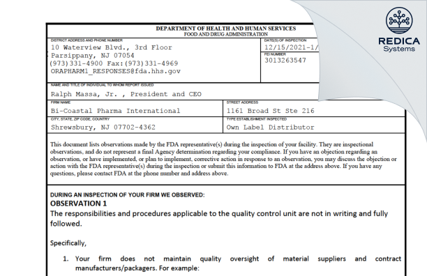 FDA 483 - Bi-Coastal Pharma International [Shrewsbury / United States of America] - Download PDF - Redica Systems