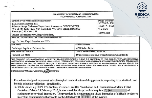 FDA 483 - Boehringer Ingelheim Fremont, Inc. [Fremont / United States of America] - Download PDF - Redica Systems