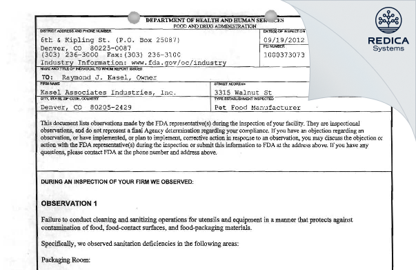 FDA 483 - Kasel Associates Industries, Inc. [Denver / United States of America] - Download PDF - Redica Systems