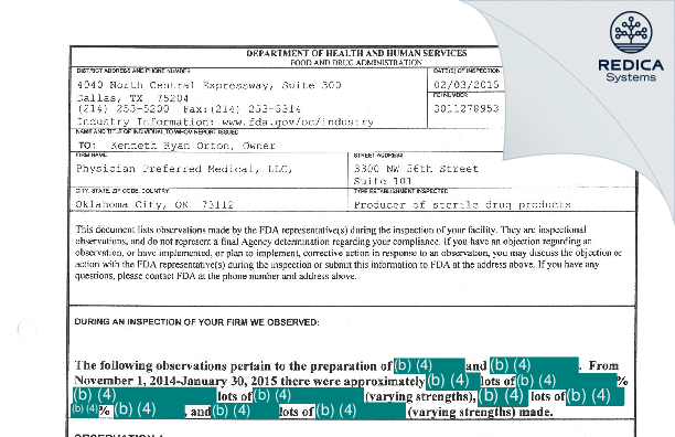 FDA 483 - Physician Preferred Medical, LLC [Oklahoma City / United States of America] - Download PDF - Redica Systems