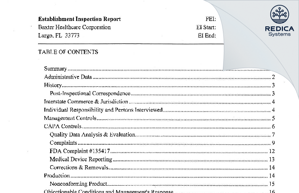 EIR - Baxter Healthcare Corporation [Largo / United States of America] - Download PDF - Redica Systems