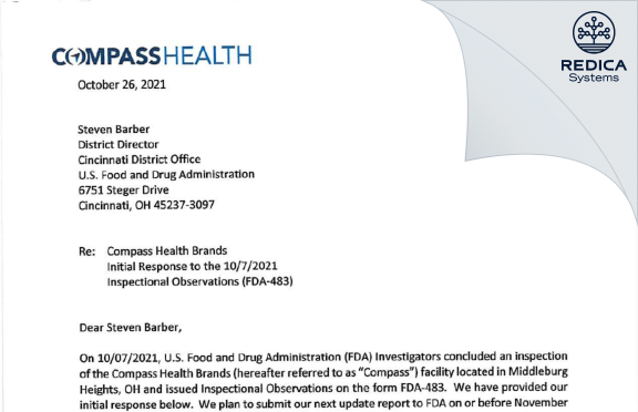 FDA 483 Response - Compass Health Brands (Corporate Office) [Middleburg Heights / United States of America] - Download PDF - Redica Systems