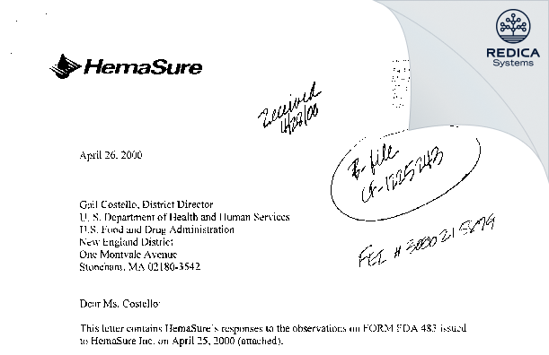 FDA 483 Response - Whatman Hemasure, Inc. [Marlborough / United States of America] - Download PDF - Redica Systems