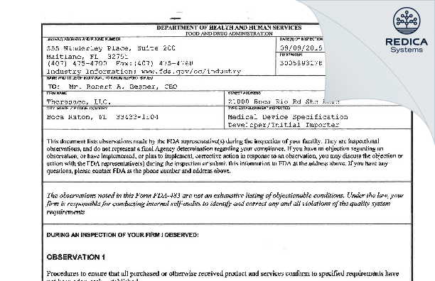 FDA 483 - Therasage, LLC. [Boca Raton / United States of America] - Download PDF - Redica Systems
